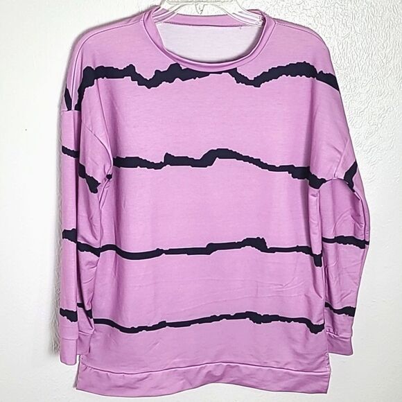 Longsleeve Lavender & Navy Striped T-Shirt, Pullover, Crew Neck, Size Large - Picture 1 of 10
